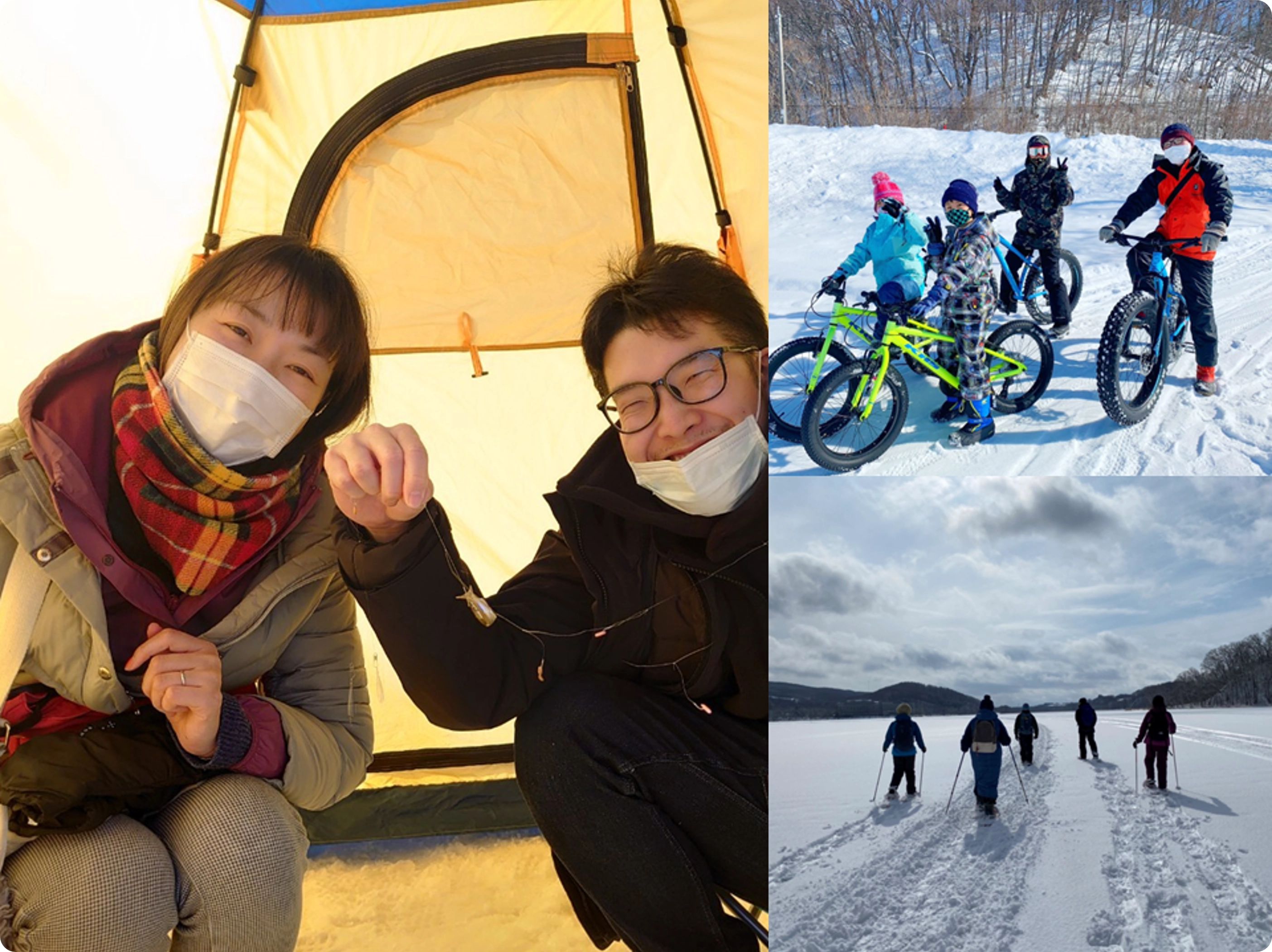 わかさぎ釣り体験とスノーシュー体験と流氷ファットバイク体験